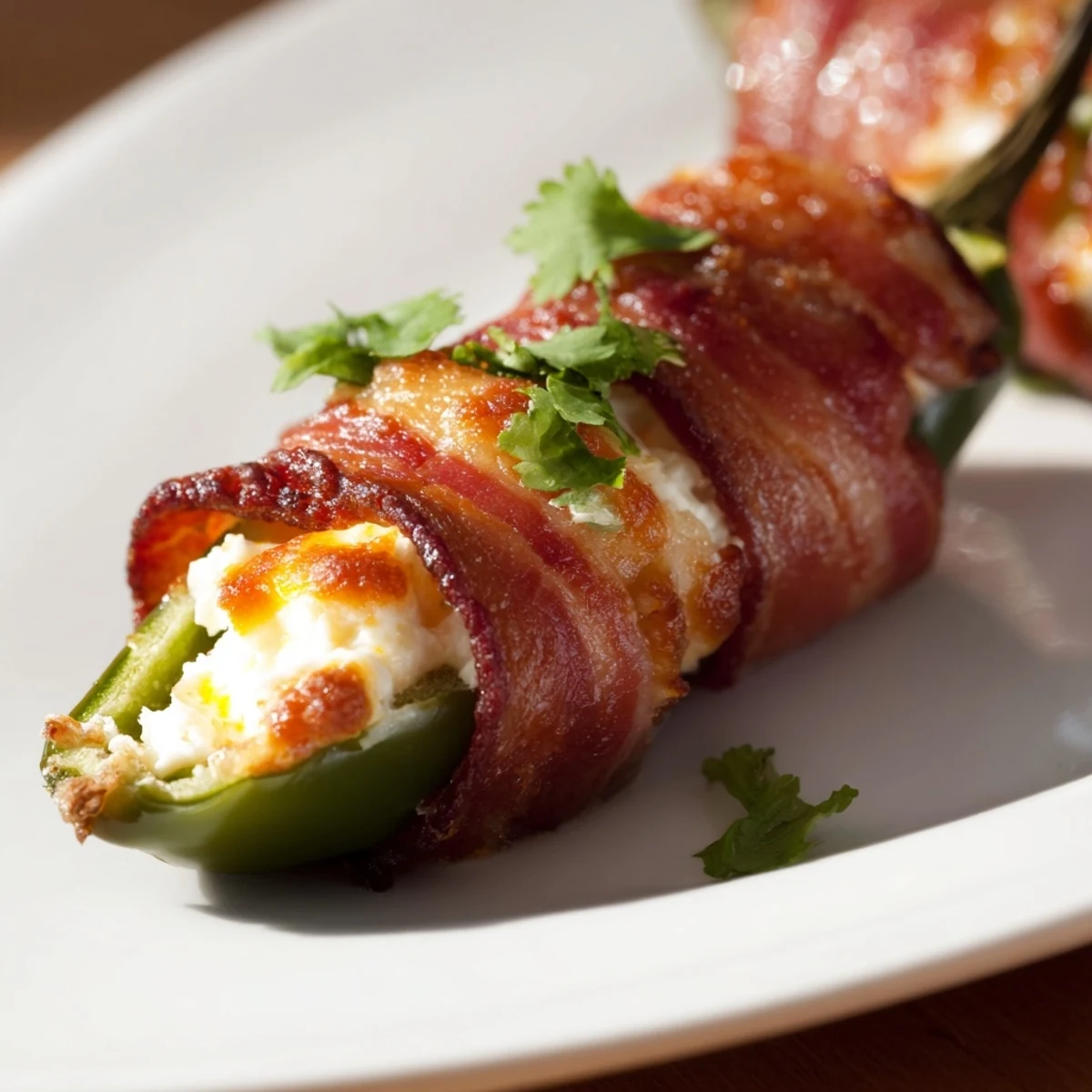 Crisp Game Day Jalapeno Poppers with Beef Bacon, stuffed with melty cheese and served warm.  