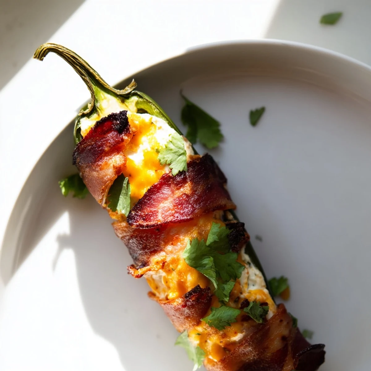 Golden Game Day Jalapeno Poppers with Beef Bacon resting on parchment, garnished with fresh chives.  