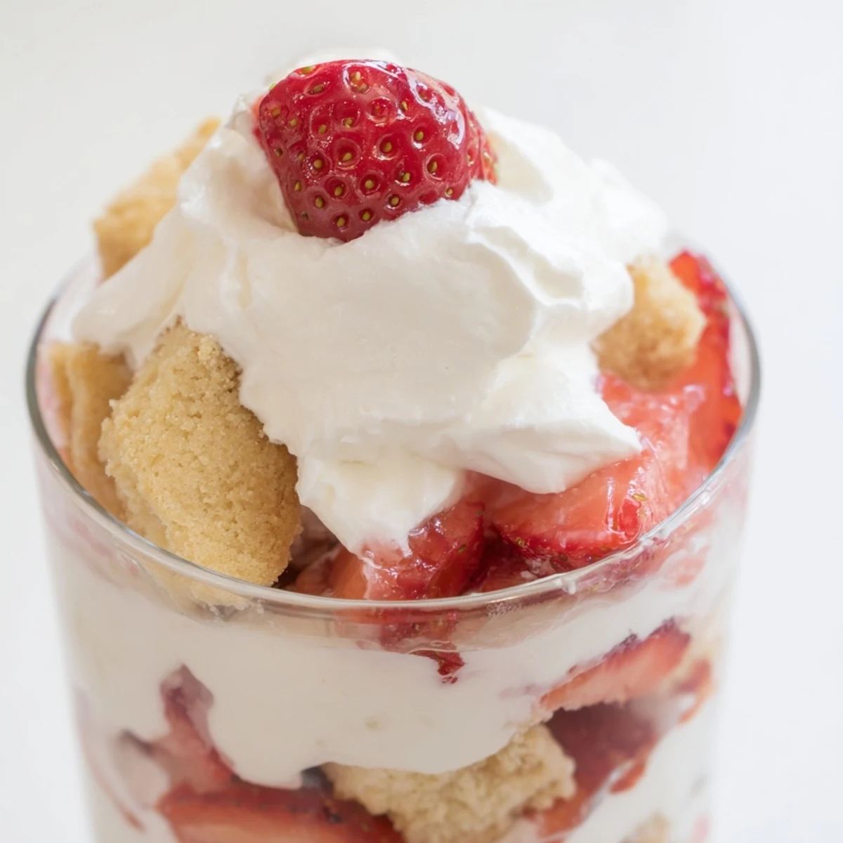 Clear glass parfaits show layers of buttery shortcake crumbles, ruby-red strawberries, and billowy whipped cream.