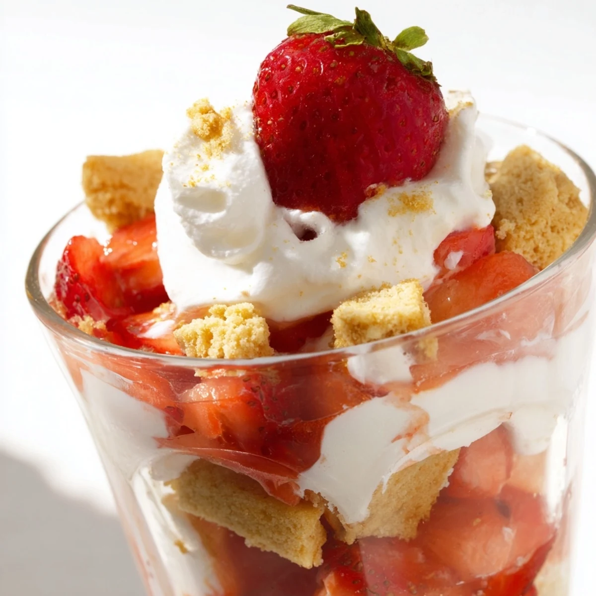 In a softly lit kitchen, spoonfuls of macerated strawberries glisten over crumbled biscuits and clouds of vanilla whipped cream.