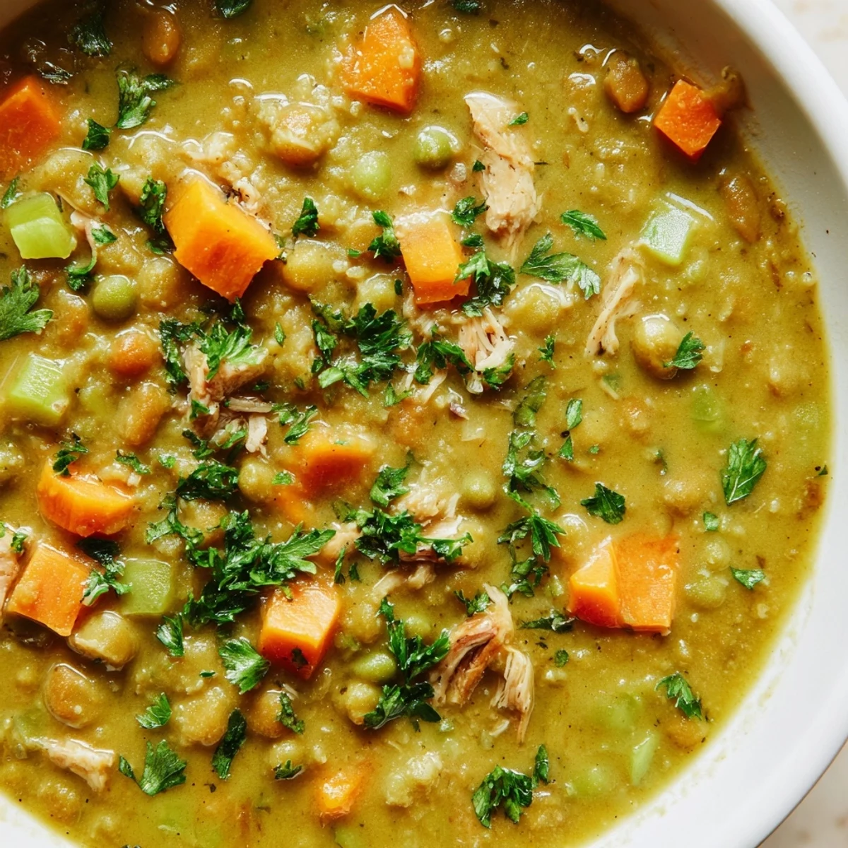 A bowl of Green Split Pea Soup with Smoked Turkey, garnished with parsley and croutons, steaming warmly. 