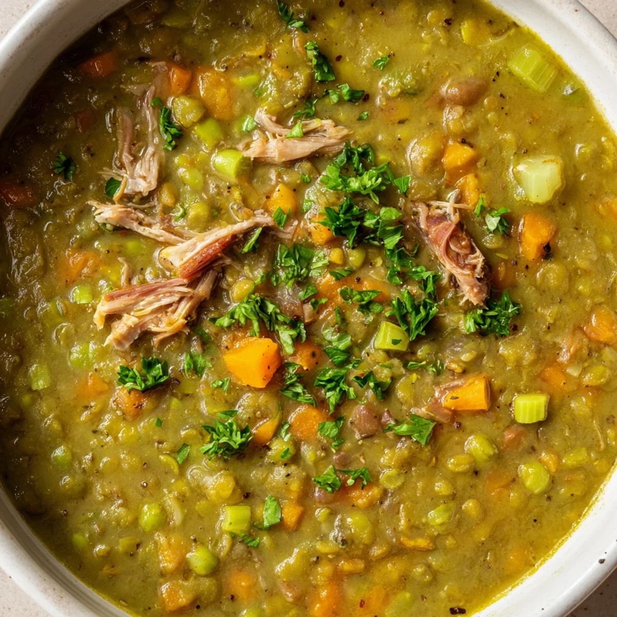 Green Split Pea Soup with Smoked Turkey ladled into a rustic bowl, revealing tender peas and shredded turkey. 