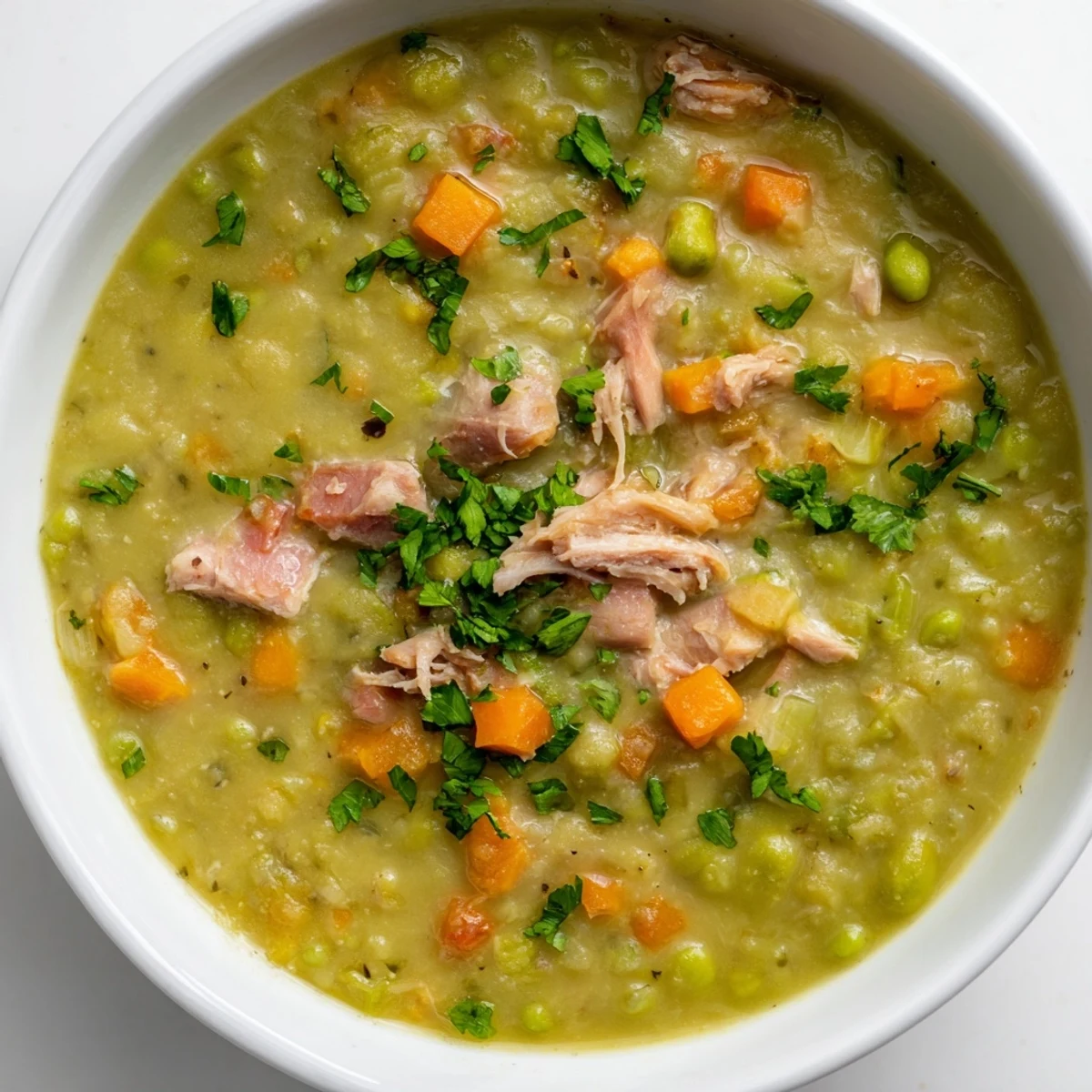 Hearty Green Split Pea Soup with Smoked Turkey served beside crusty bread on a cozy wooden table.