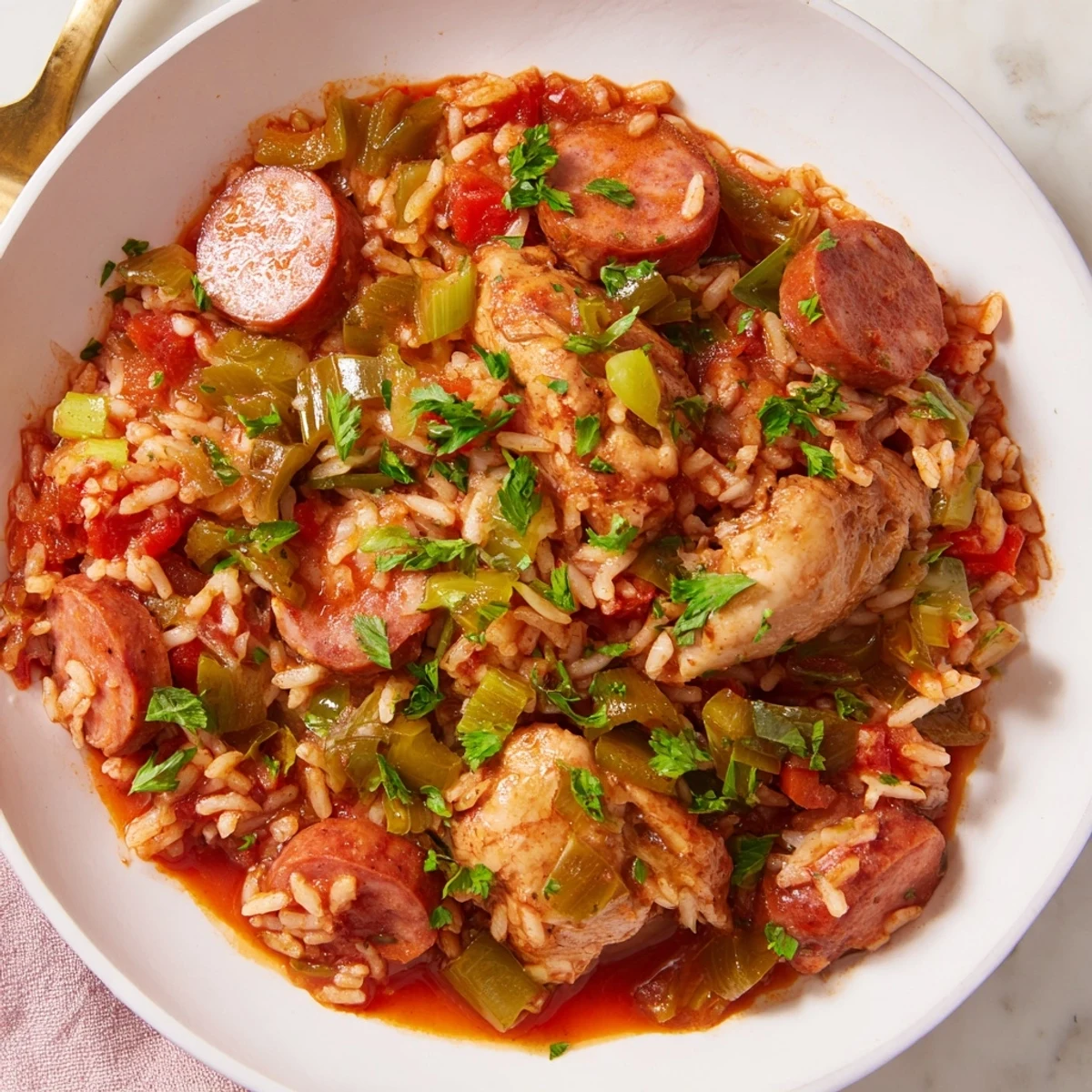 A close-up of Creole Jambalaya with Chicken and Halal Sausage, featuring tender chunks of meat and vibrant red peppers in a rich, tomato-based sauce, served steaming hot.