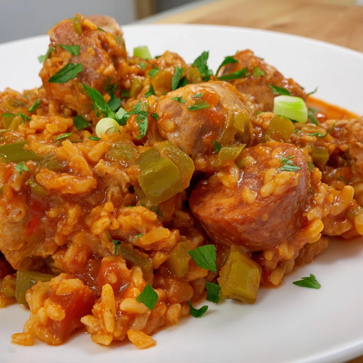 A steaming bowl of Creole Jambalaya with Chicken and Halal Sausage garnished with fresh parsley and green onions, showcasing the fluffy, spice-infused rice and hearty sausage slices.