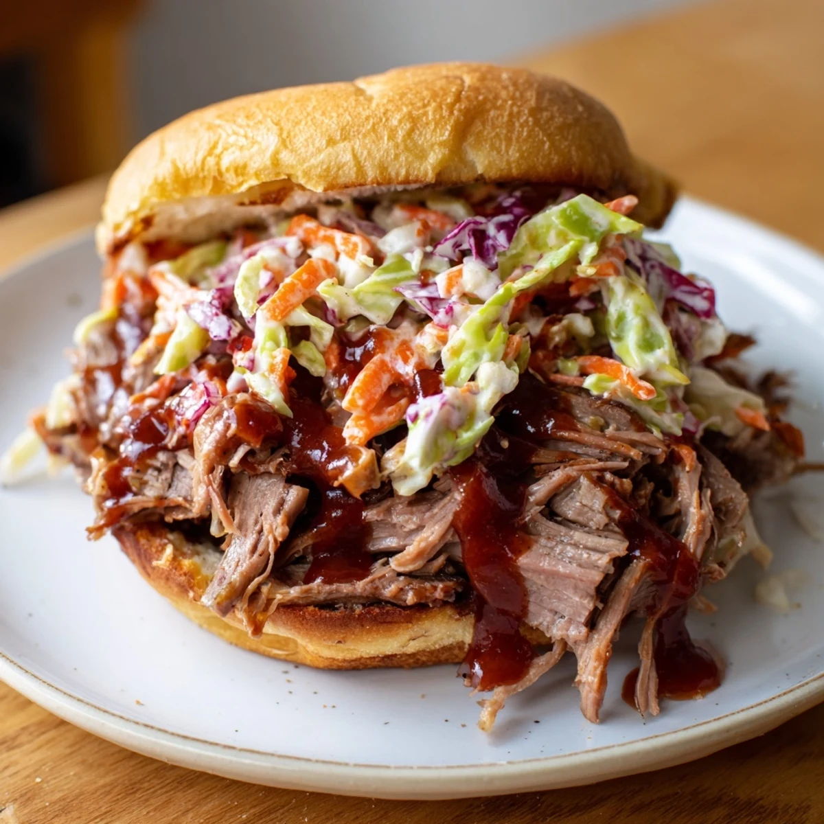 Slow-cooked MVP Pulled Beef Sandwiches piled on toasted buns with a heap of creamy coleslaw for a juicy bite.