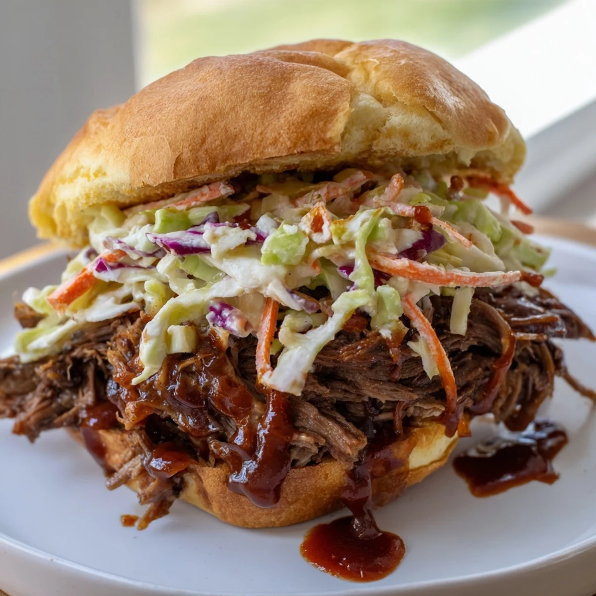 Freshly assembled MVP Pulled Beef Sandwiches with tender shredded beef and crunchy coleslaw, ready to serve at a backyard barbecue.