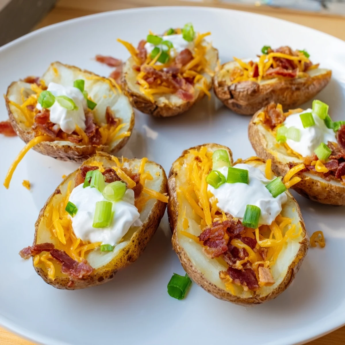 Golden brown, crispy loaded potato skins filled with melted cheddar and crumbled beef bacon.