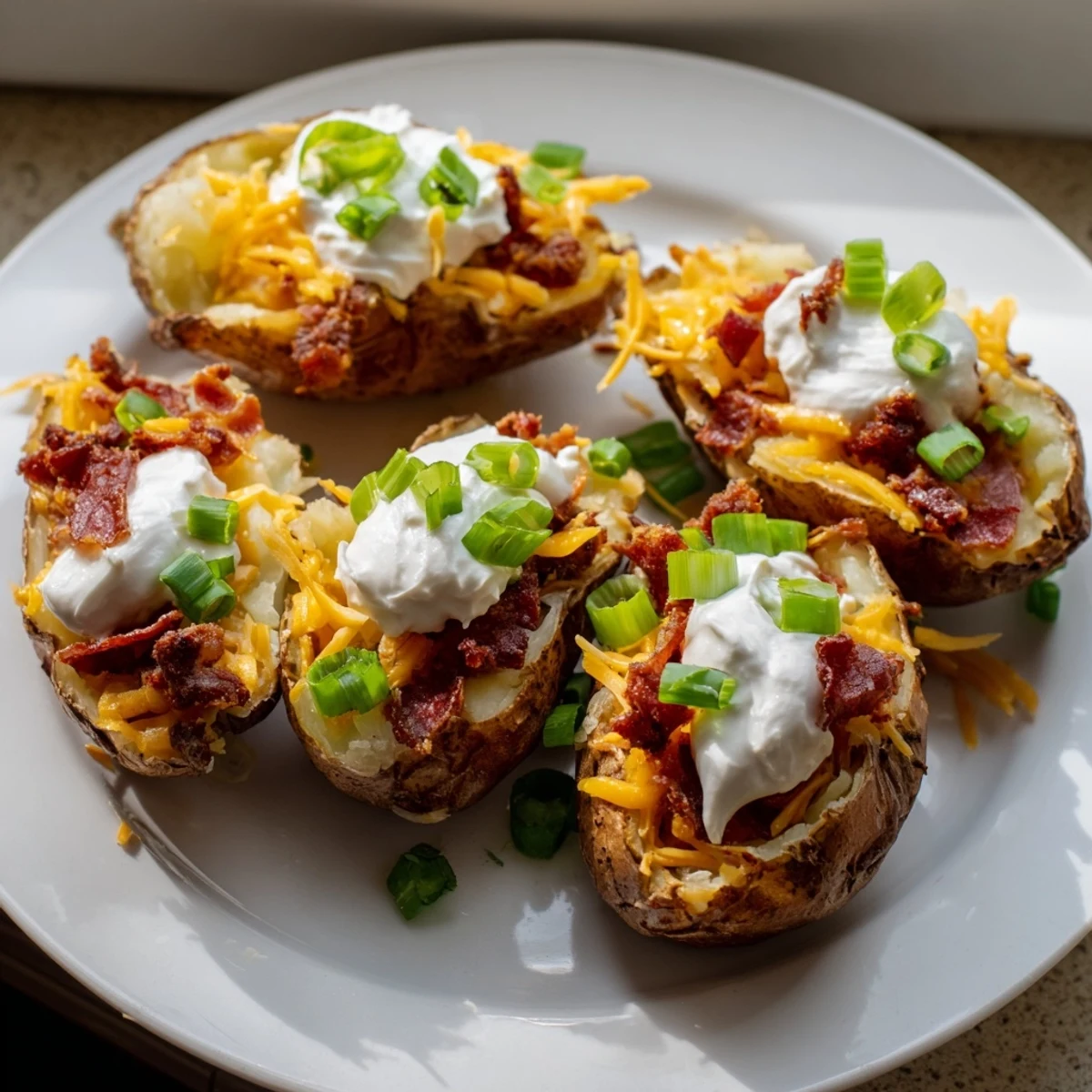 An appetizer photo of Game Day Loaded Potato Skins with Beef Bacon, showing bubbly cheese and crispy beef bacon bits.