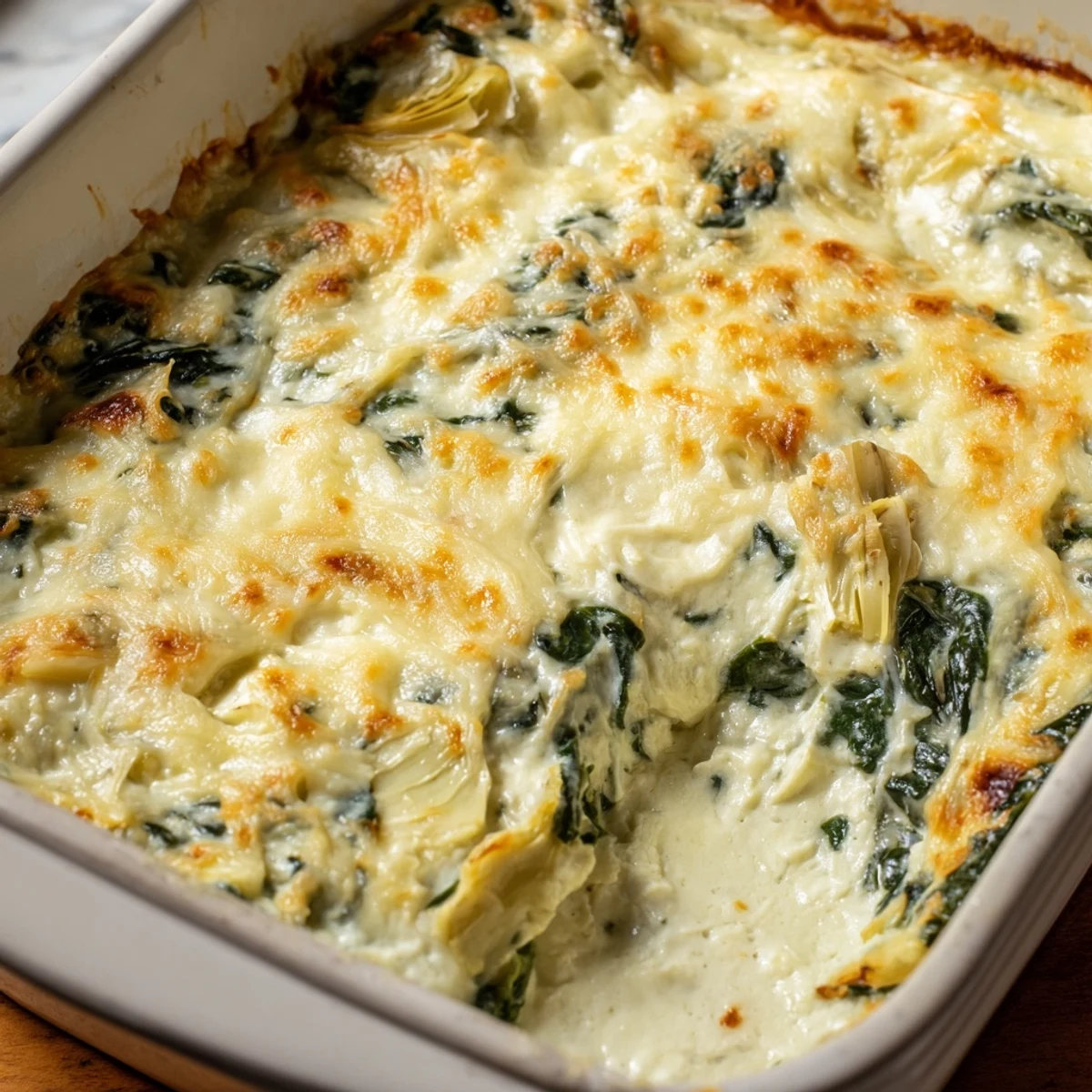 Creamy spinach and artichoke dip bakes golden and bubbly, served warm with crusty baguette slices for dipping.