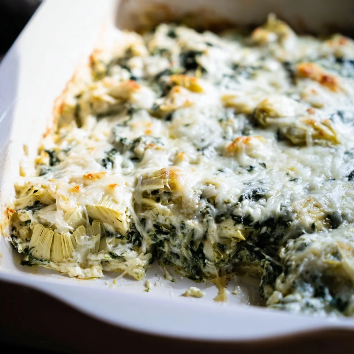Golden-brown, cheesy spinach and artichoke dip is spooned from a baking dish alongside toasted baguette.