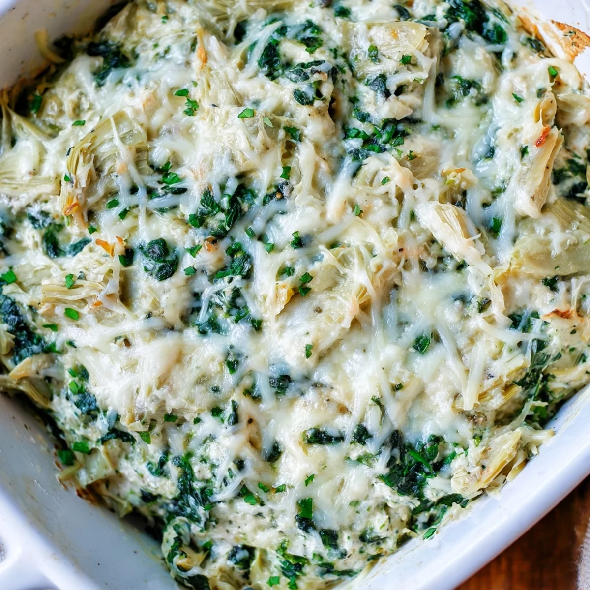 A warm, luscious spinach and artichoke dip garnished with herbs, with fresh baguette slices ready for scooping.