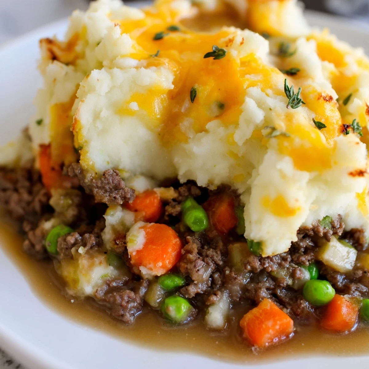 Golden, cheesy mashed potatoes browned over bubbling Shepherd's Pie with Savory Lamb and vegetables, served in a rustic baking dish.