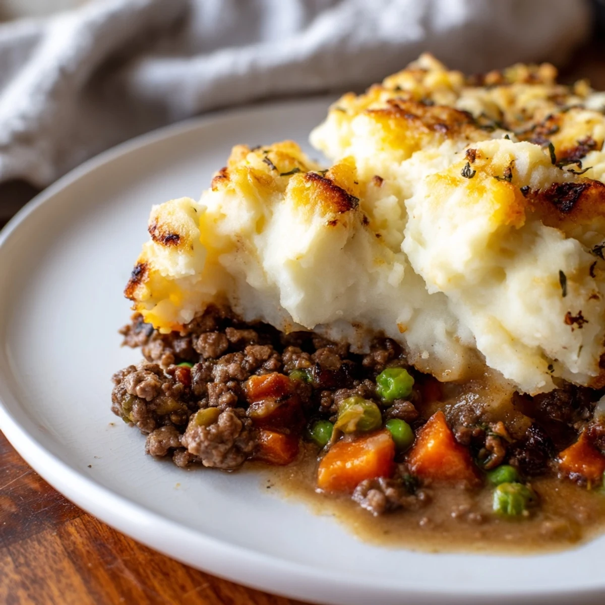 Fork-tender lamb filling with carrots, celery, and peas sits beneath creamy mashed potatoes in this hearty Shepherd's Pie with Savory Lamb.