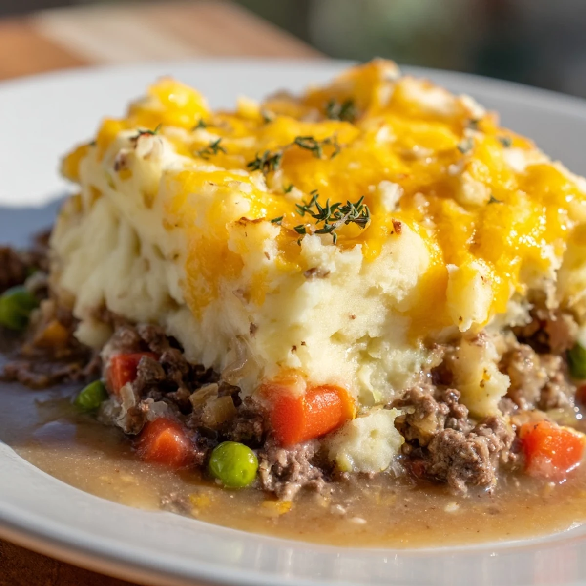 Fresh thyme and rosemary scented Shepherd's Pie with Savory Lamb and vegetables, ready to serve with a glass of red wine.