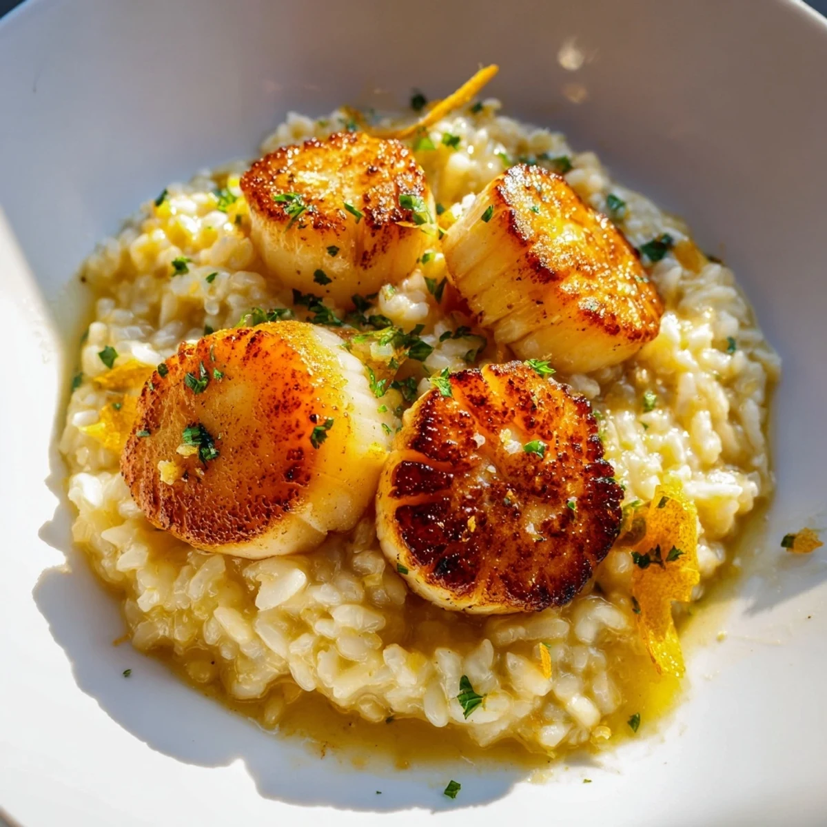 Golden-brown seared scallops with lemon butter risotto and fresh parsley garnish, plated for dinner.
