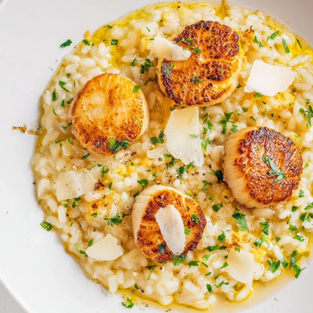 Lemon butter risotto topped with four tender scallops, served with a glass of white wine.