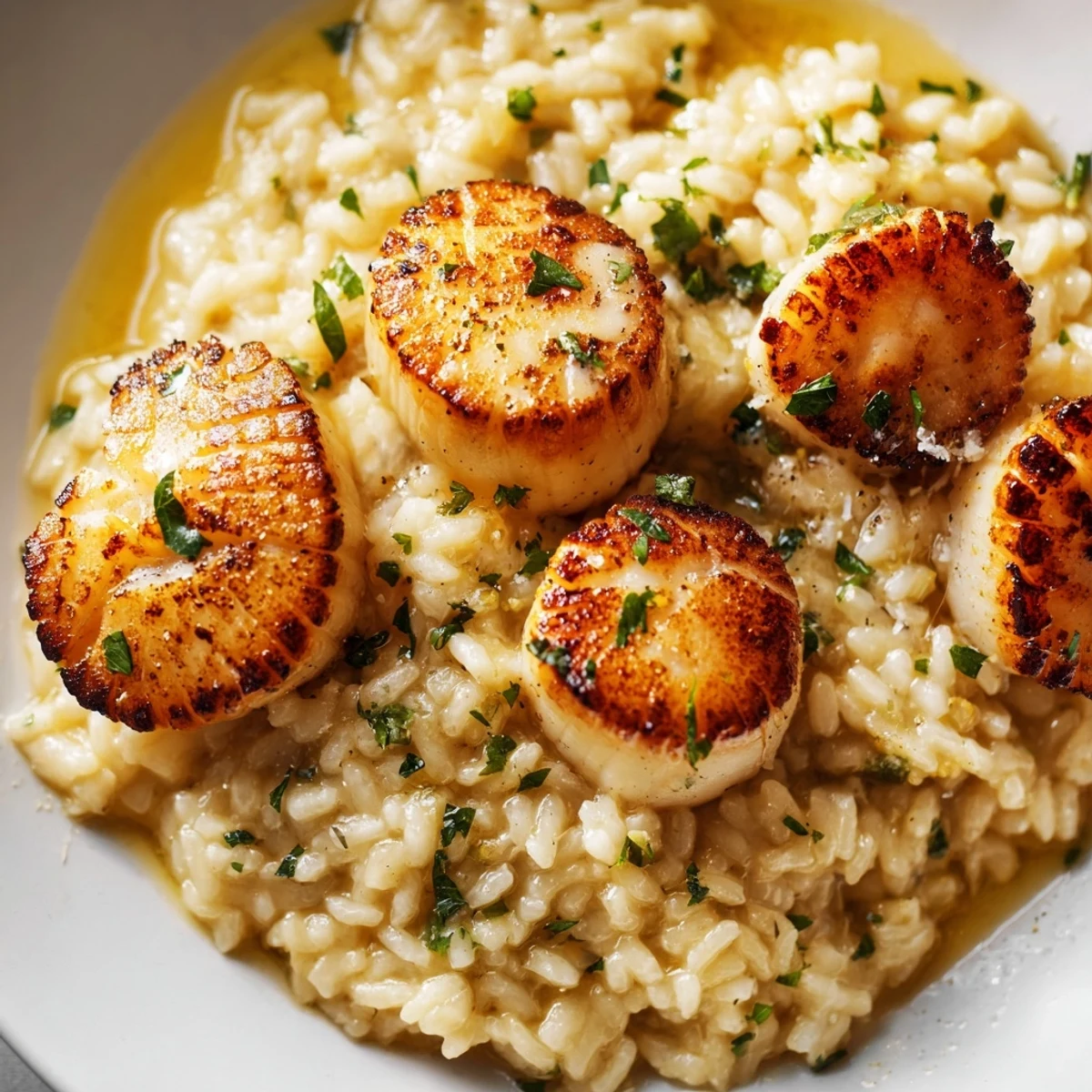 Seared scallops with creamy risotto, finished with lemon zest, parsley, and a drizzle of butter.