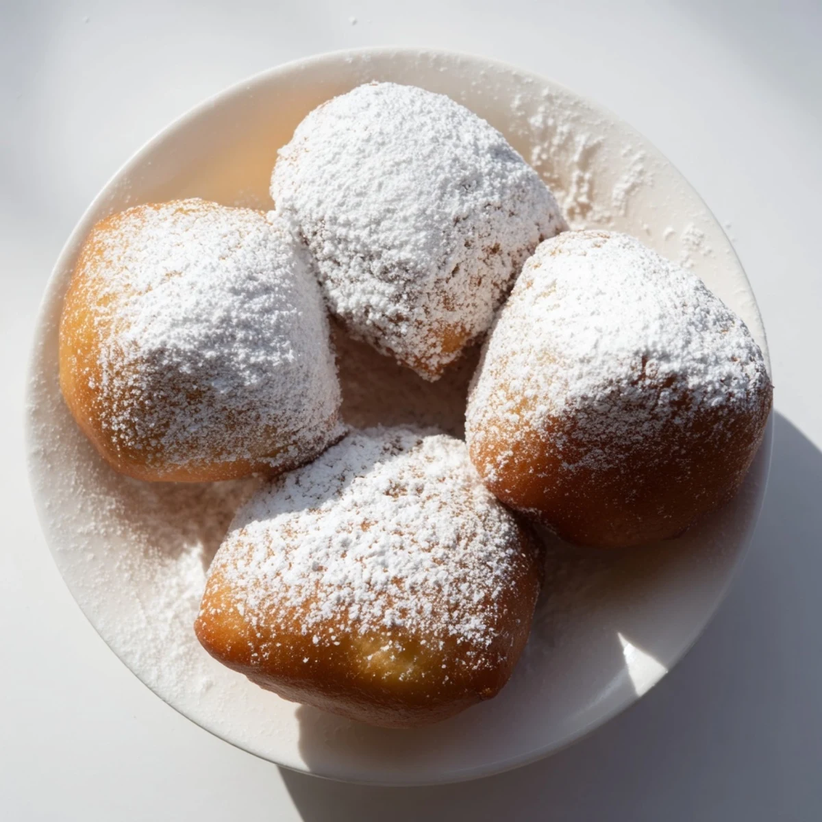 Freshly fried New Orleans style beignets piled high on a plate, generously dusted with powdered sugar that melts slightly into the warm, pillowy ridges. 
