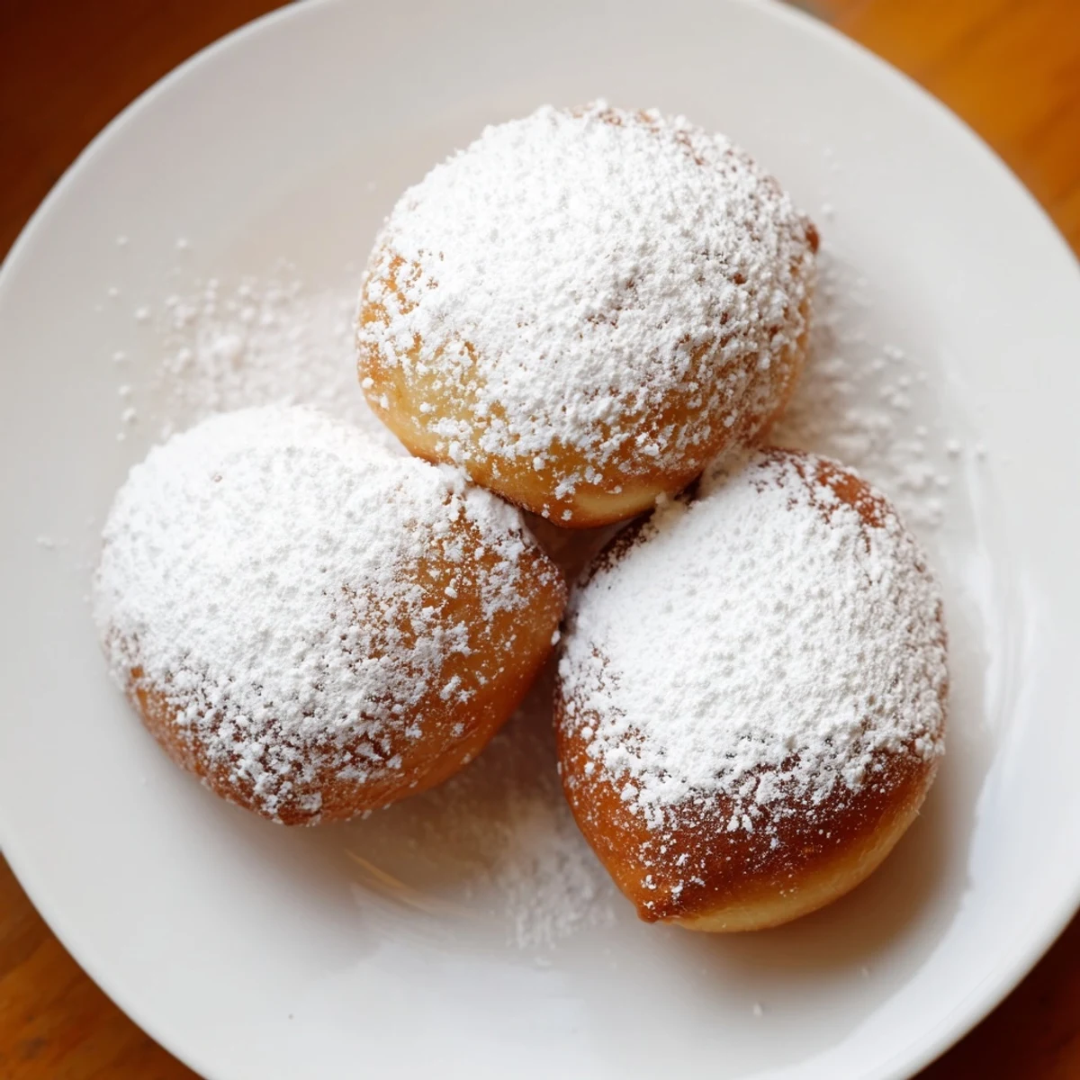 Golden-brown beignets are shown cooling on a wire rack, with a light dusting of powdered sugar and a cup of café au lait nearby. 