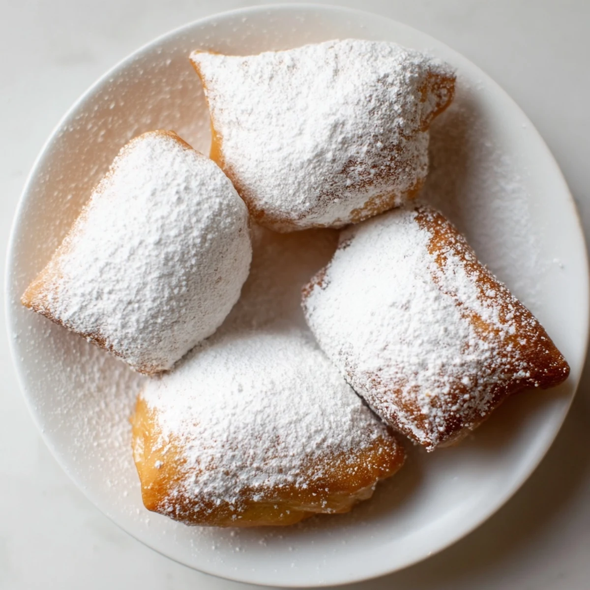 Close-up of a hand holding a bite-sized piece of a New Orleans style beignet, revealing the soft, airy interior against the crispy exterior.