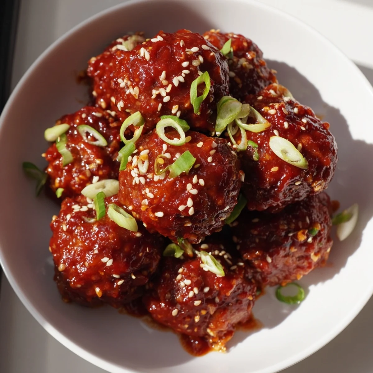 Crispy Spicy Sriracha Beef Meatballs with Sesame garnish, piled high on a white platter with green onion slices and fresh cilantro, perfect as a party appetizer.