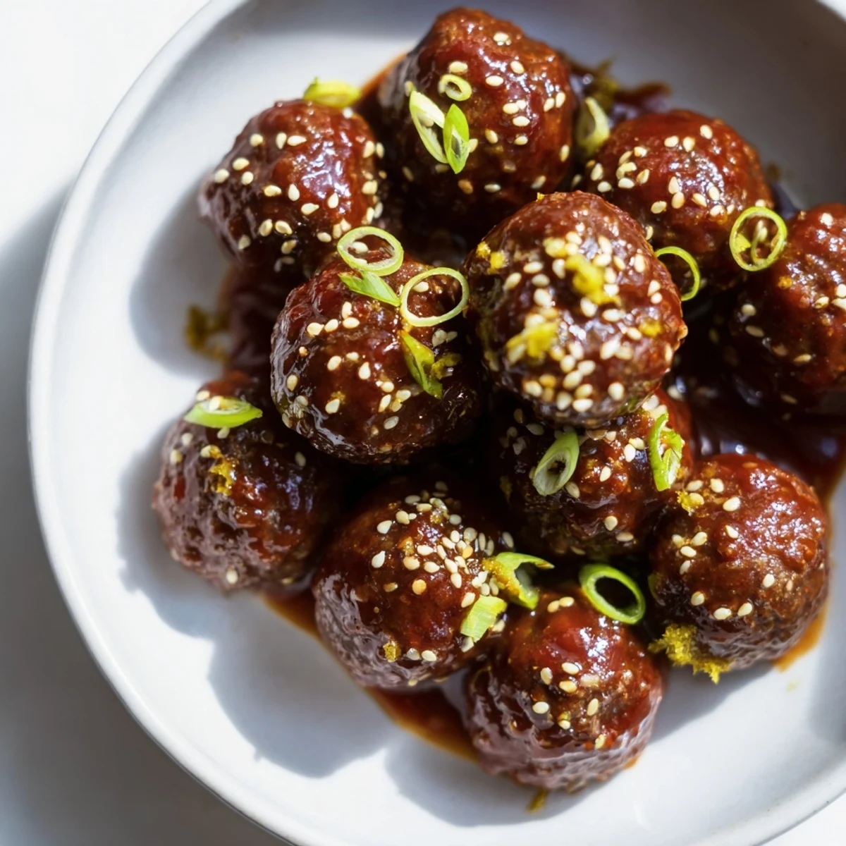Glossy glazed Spicy Sriracha Beef Meatballs with Sesame served in a small bowl, garnished with sesame seeds, ready to eat alongside steamed white rice.
