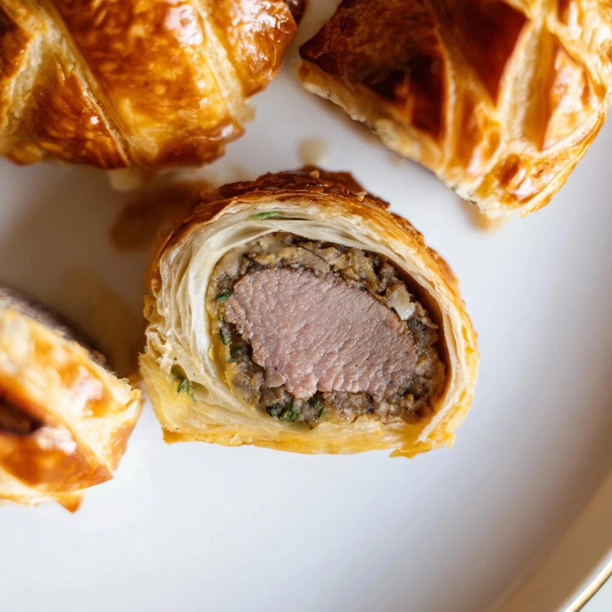 Golden-brown Mini Beef Wellingtons with Mushroom Duxelles resting on a rustic wooden serving board.
