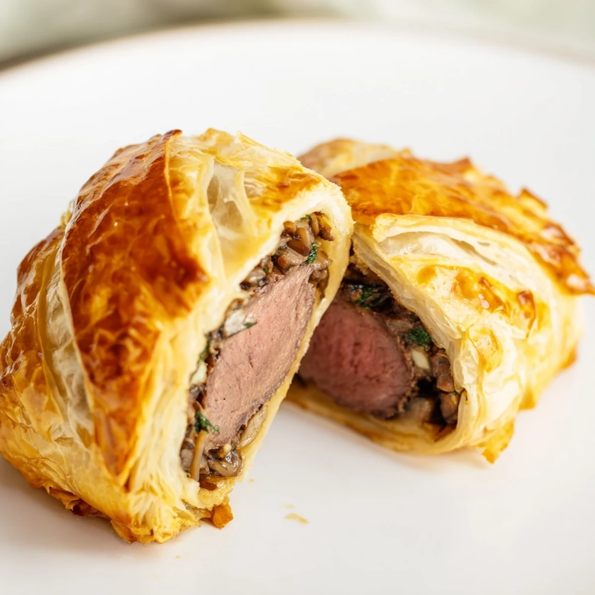 Tender beef medallions wrapped in flaky puff pastry and savory mushroom duxelles ready for a dinner party.