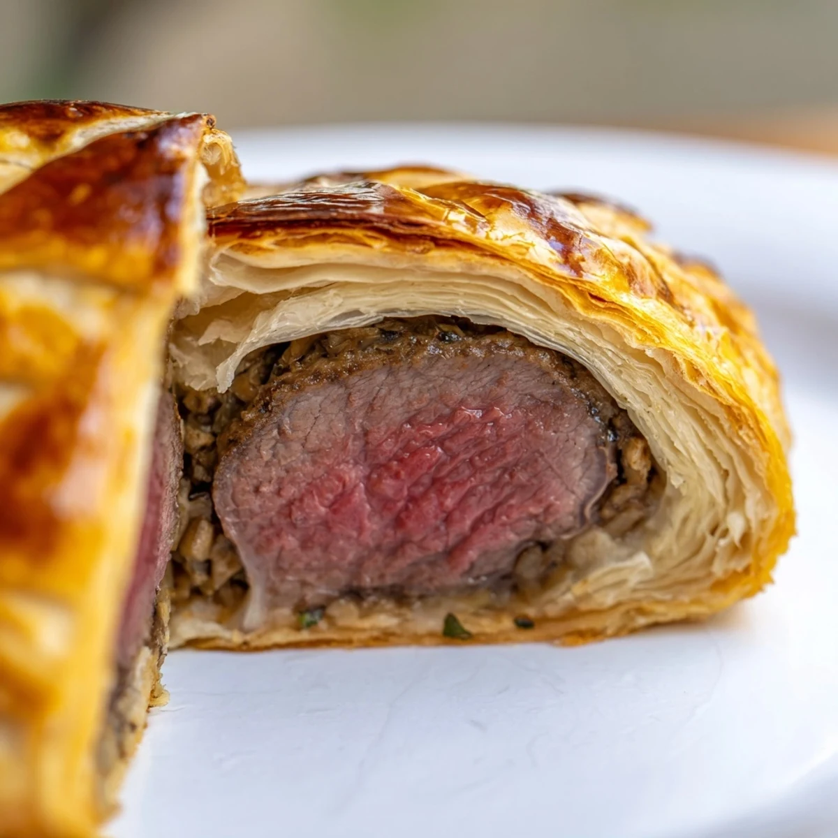 Elegant Mini Beef Wellingtons with Mushroom Duxelles plated with a drizzle of red wine reduction sauce.