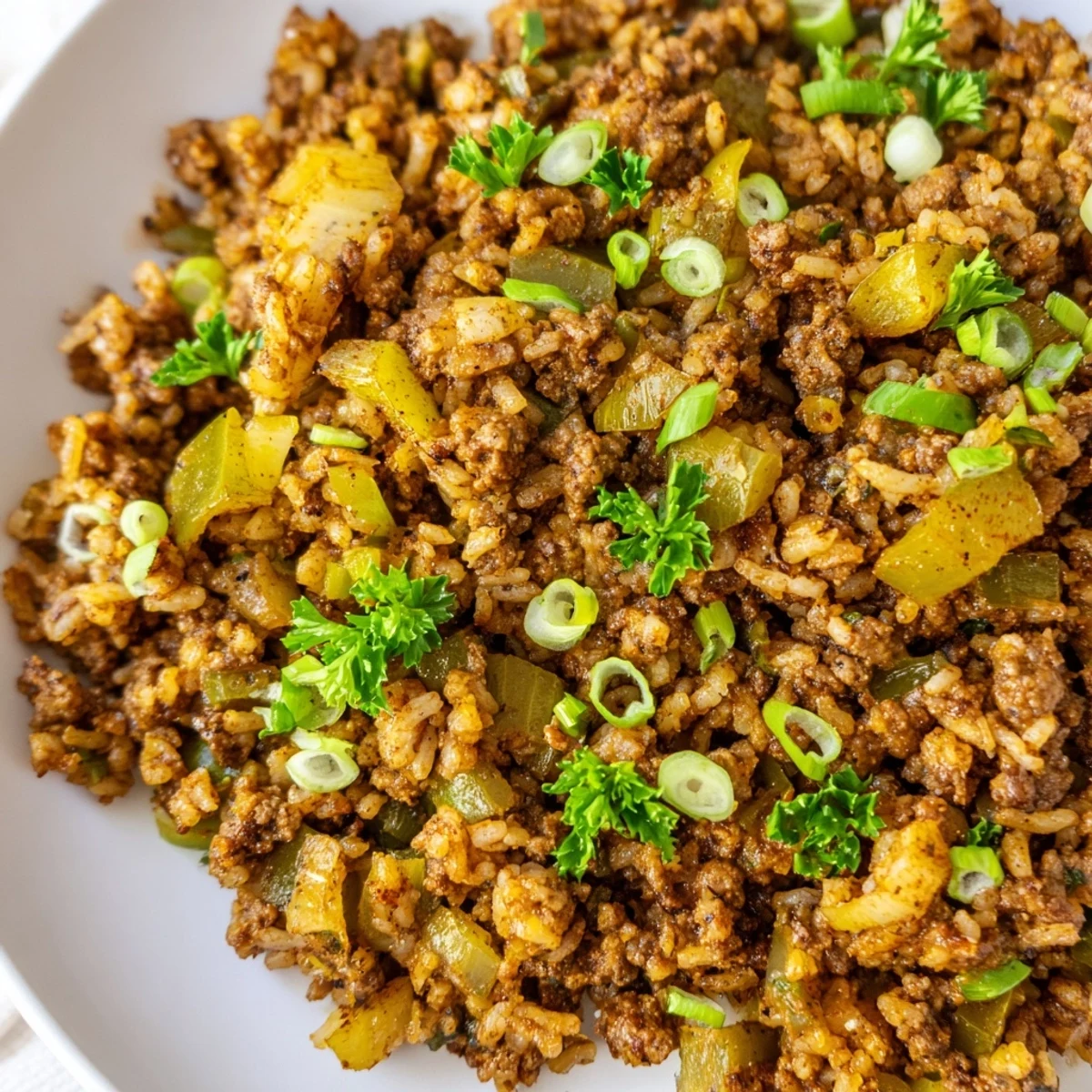 Cajun Dirty Rice with Ground Beef served in a rustic bowl, topped with fresh parsley and green onions.