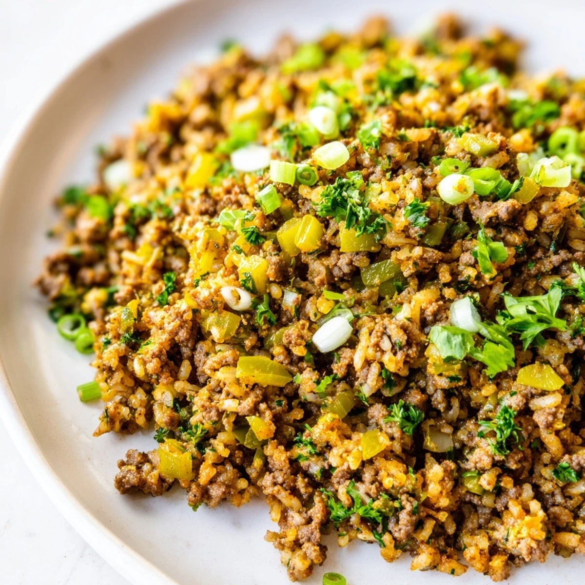 Homemade Cajun Dirty Rice with Ground Beef plated beside roasted asparagus, ready for a hearty dinner.