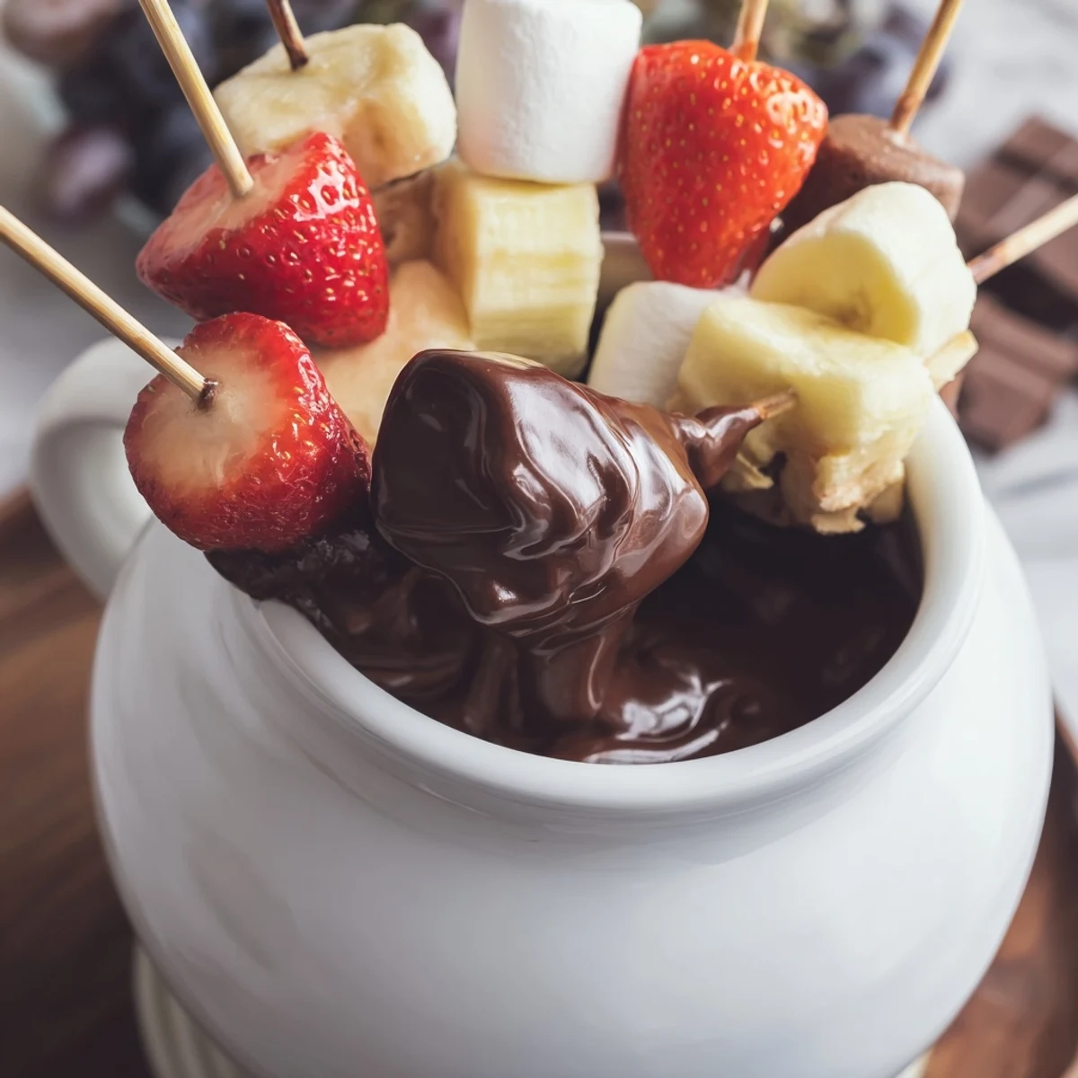 Romantic Chocolate Fondue with Marshmallows is served warm and molten, surrounded by fresh strawberries, banana slices, and soft marshmallows for a sweet dip.