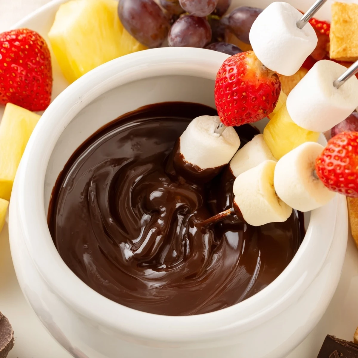 Close-up of Romantic Chocolate Fondue with Marshmallows being poured from a saucepan, showcasing its glossy, velvety texture for an indulgent dessert.