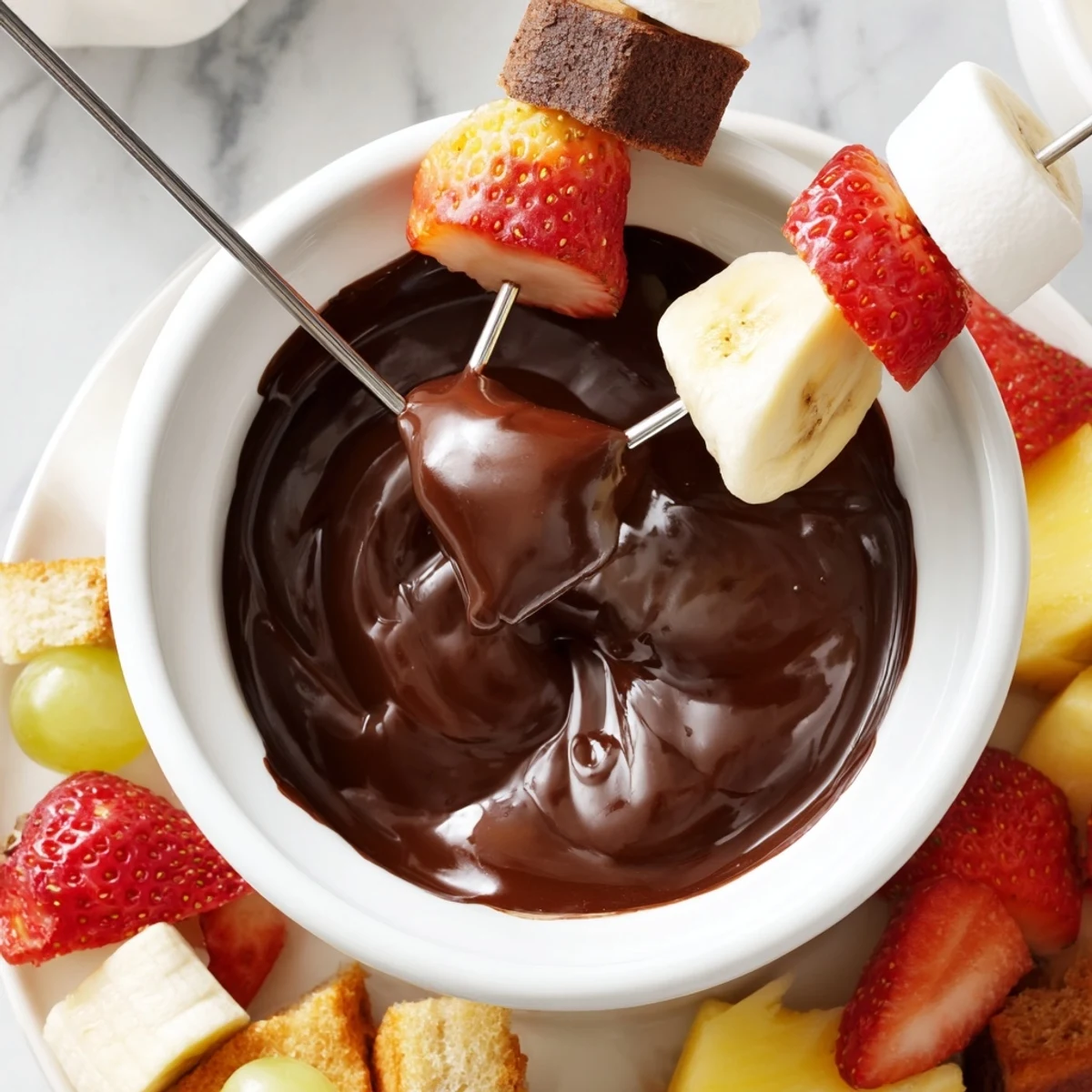 A romantic platter of Romantic Chocolate Fondue with Marshmallows, featuring pound cake cubes and pineapple chunks ready to dip into the melted chocolate.