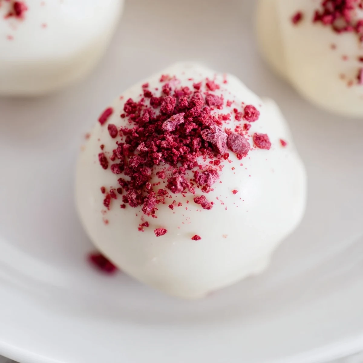 Decadent White Chocolate Raspberry Truffles coated in glossy white chocolate and garnished with crushed red raspberries on a marble surface.