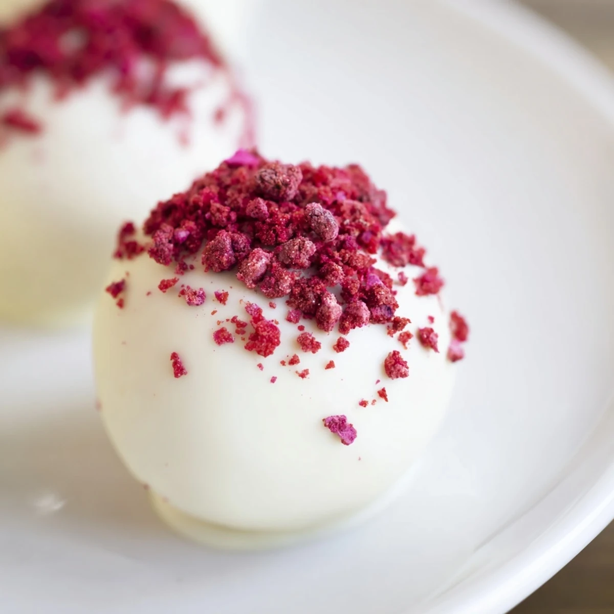 Close-up of White Chocolate Raspberry Truffles showing a creamy ganache center with ruby-red raspberry pieces, ready to be gifted for special occasions.
