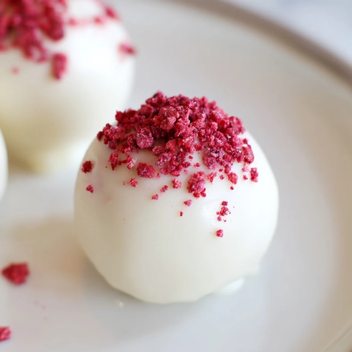 A batch of homemade White Chocolate Raspberry Truffles dusted with raspberry powder, placed in mini paper cups for elegant party serving.