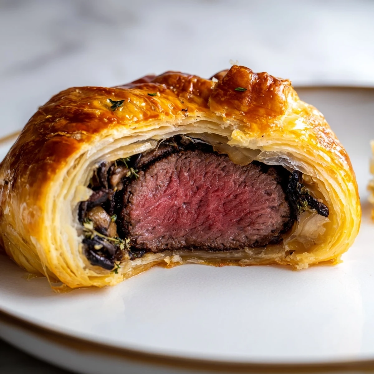 Golden-brown Mini Beef Wellingtons with mushroom paste sit on a rustic wooden board, garnished with fresh thyme and flaky sea salt, ready for a special occasion dinner.