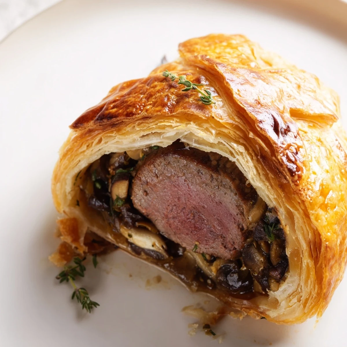 A slice is cut from a Mini Beef Wellington, revealing tender pink beef and rich dark mushroom paste inside the crisp puff pastry, served on a white plate.
