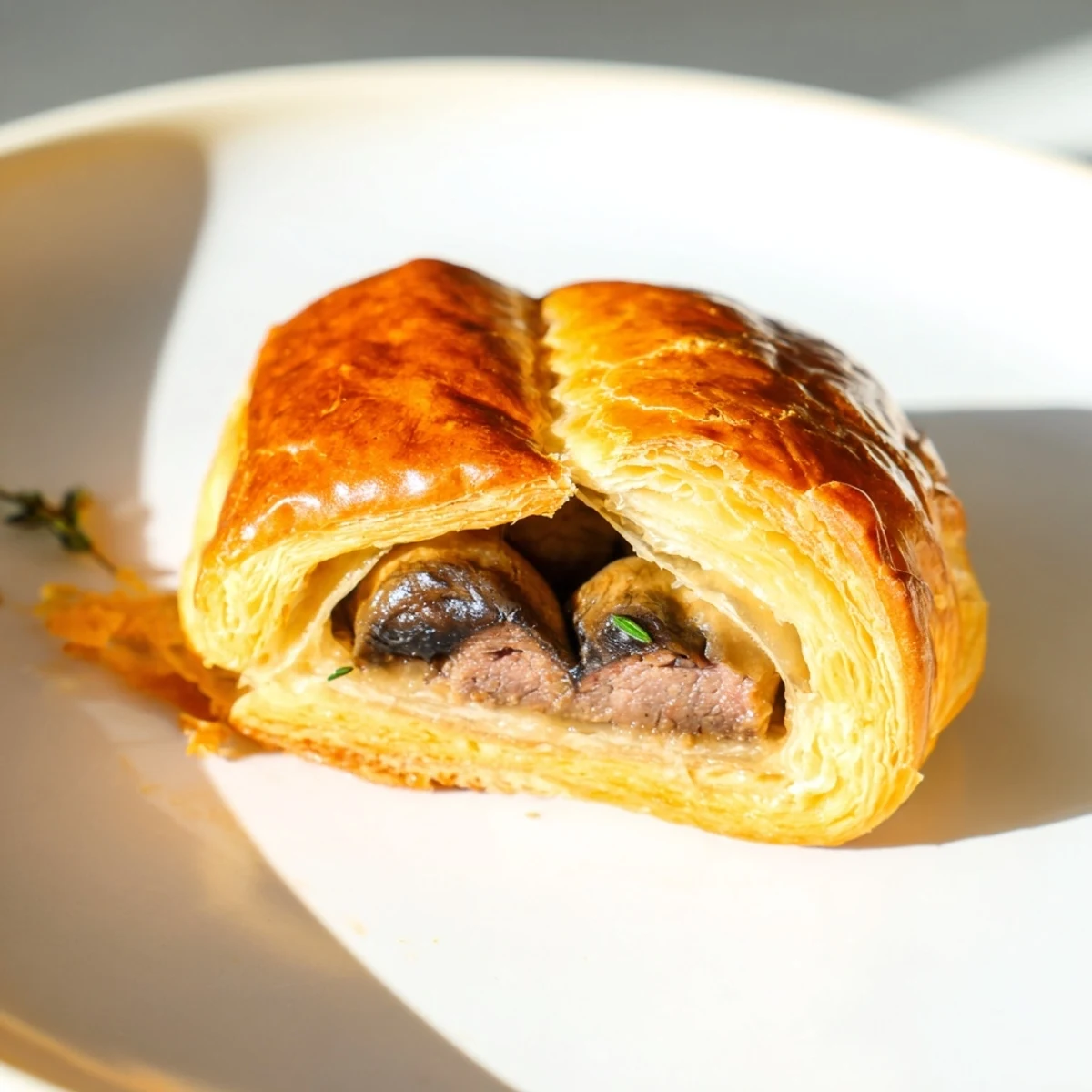 Close-up of Mini Beef Wellingtons brushed with egg wash, topped with decorative pastry leaves, highlighting the golden, flaky texture of the baked puff pastry crust.
