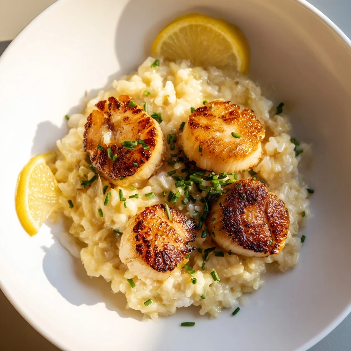 Golden-brown pan-seared scallops resting on a bed of creamy lemon butter risotto with fresh chives.