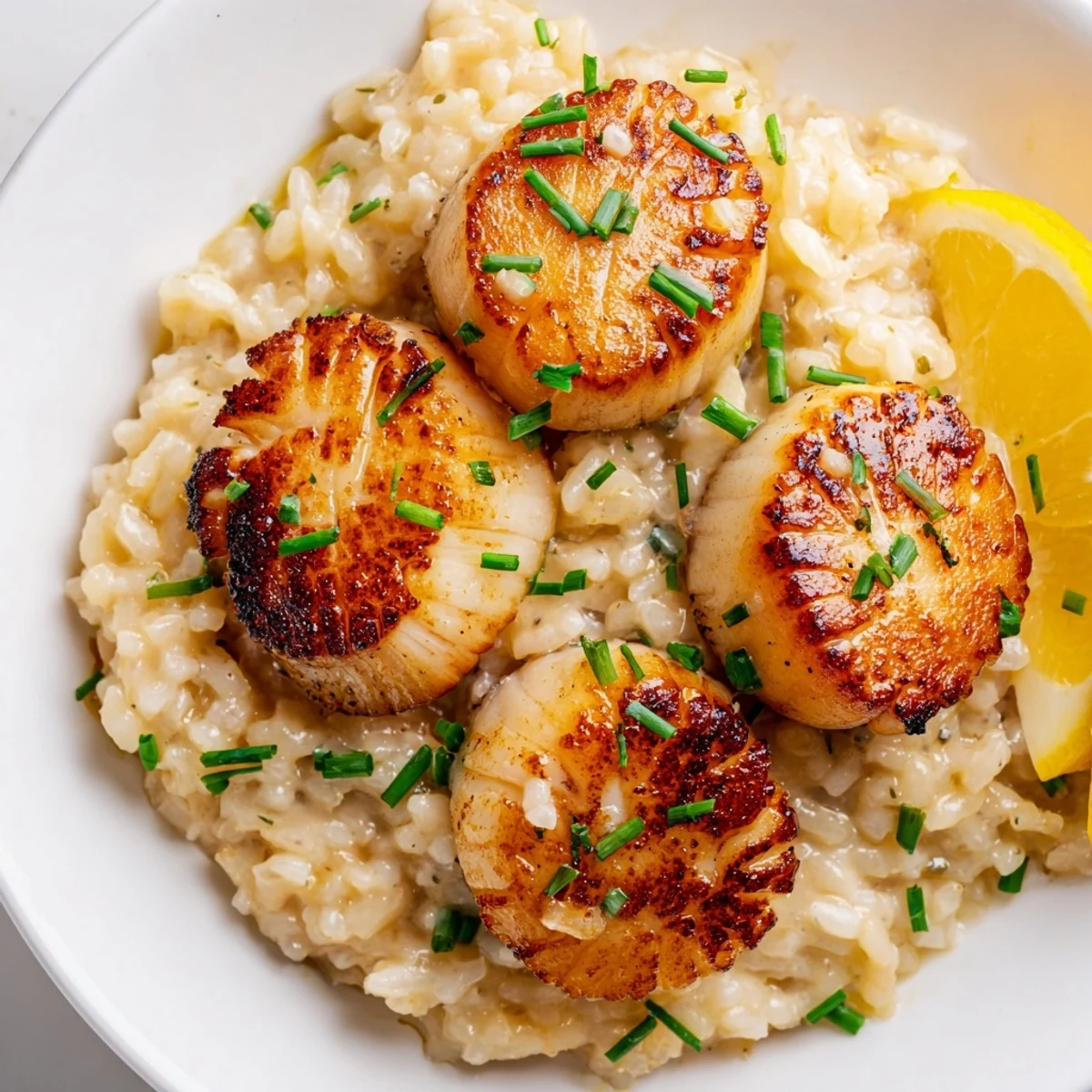Lemon butter risotto topped with perfectly seared scallops, garnished with parsley and lemon wedges.