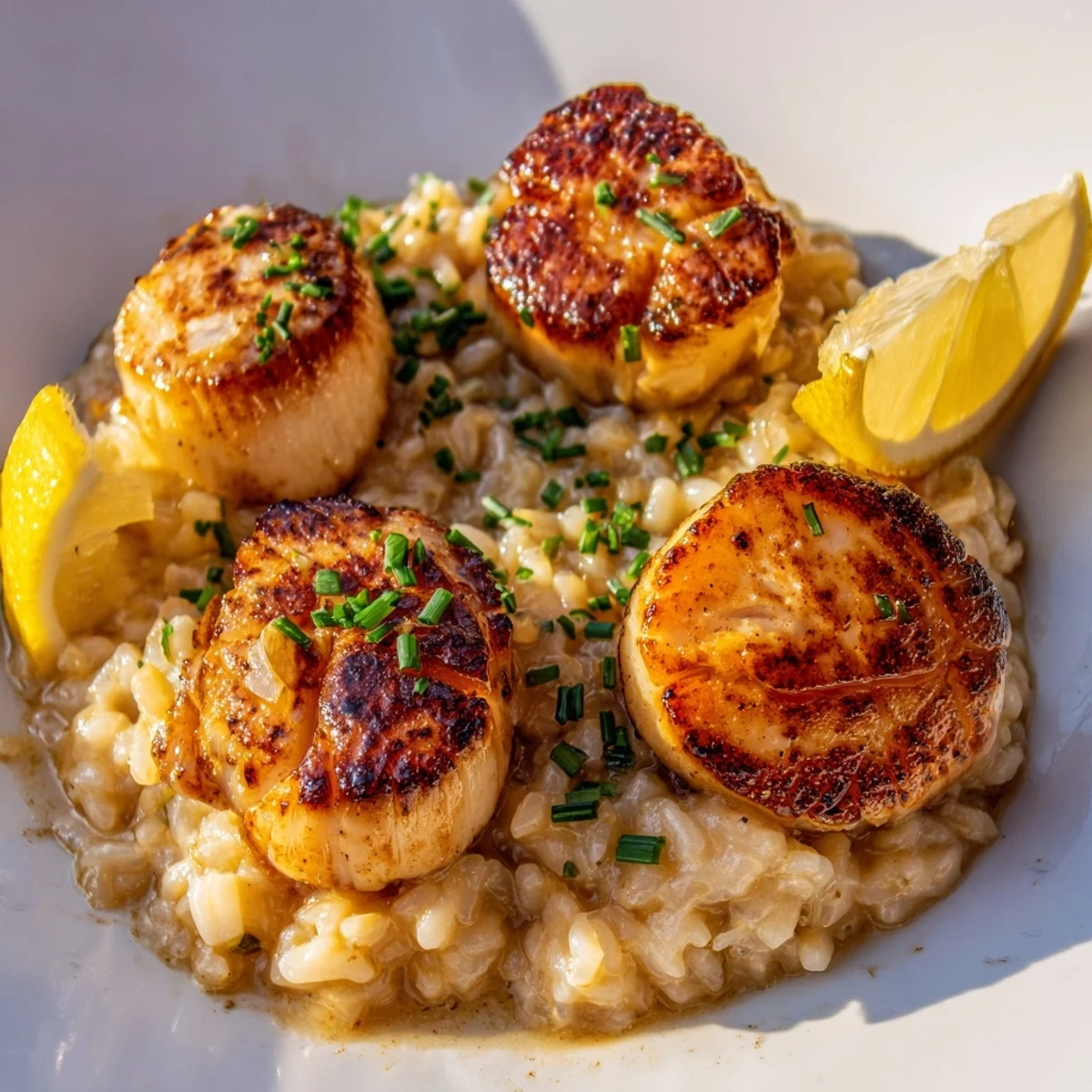 Succulent scallops on lemony risotto, served in a white dish for an elegant dinner.