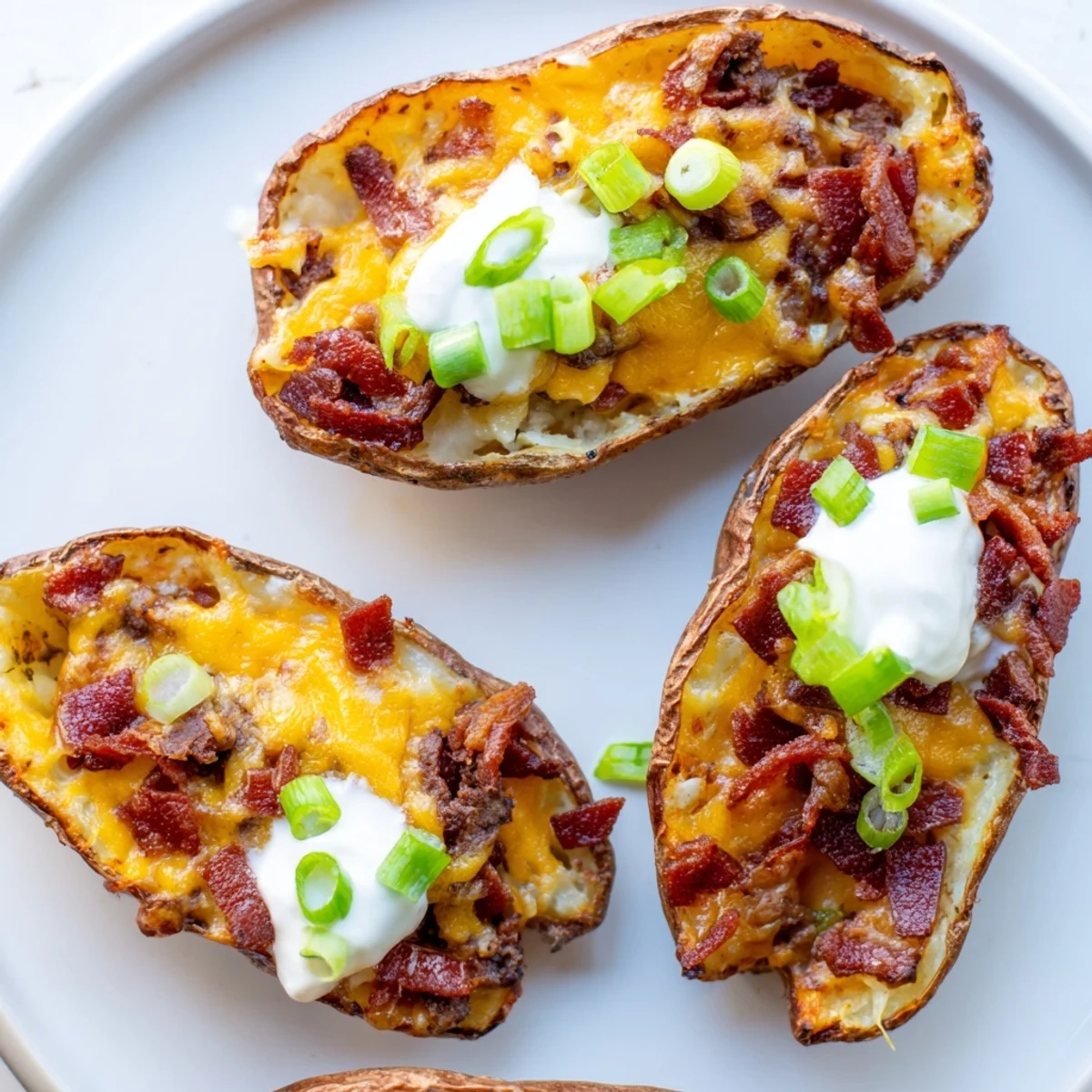 Golden baked Loaded Potato Skins with Cheddar and Beef Bacon, topped with sour cream and fresh chives.