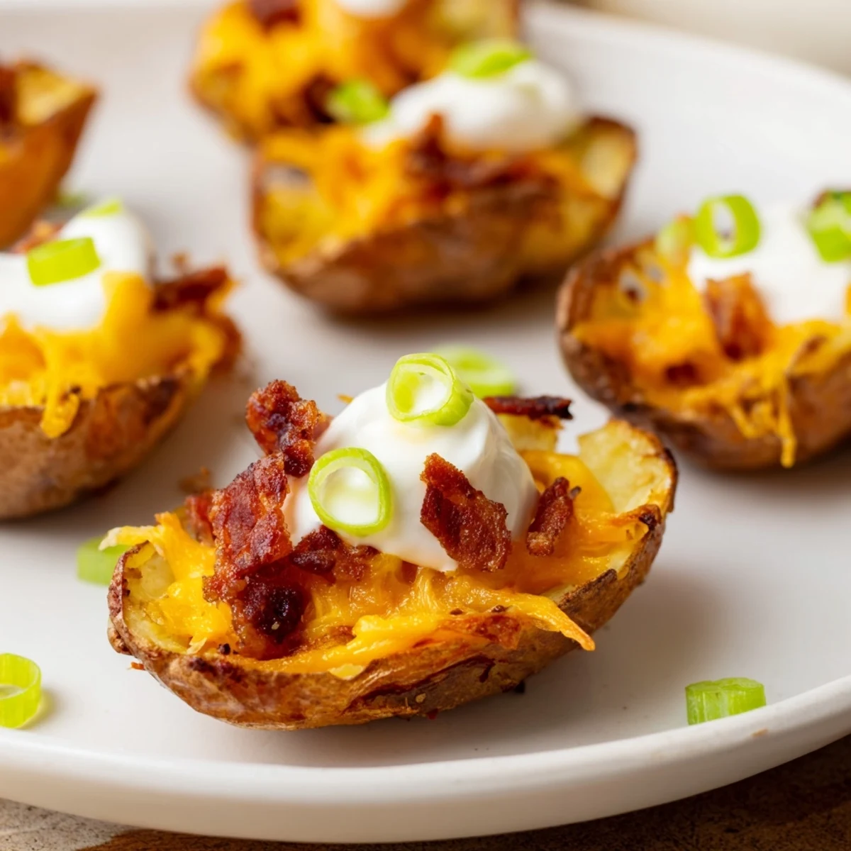 Crisp Loaded Potato Skins with Cheddar and Beef Bacon, cheesy filling bubbling, paired with a cool dollop of sour cream.