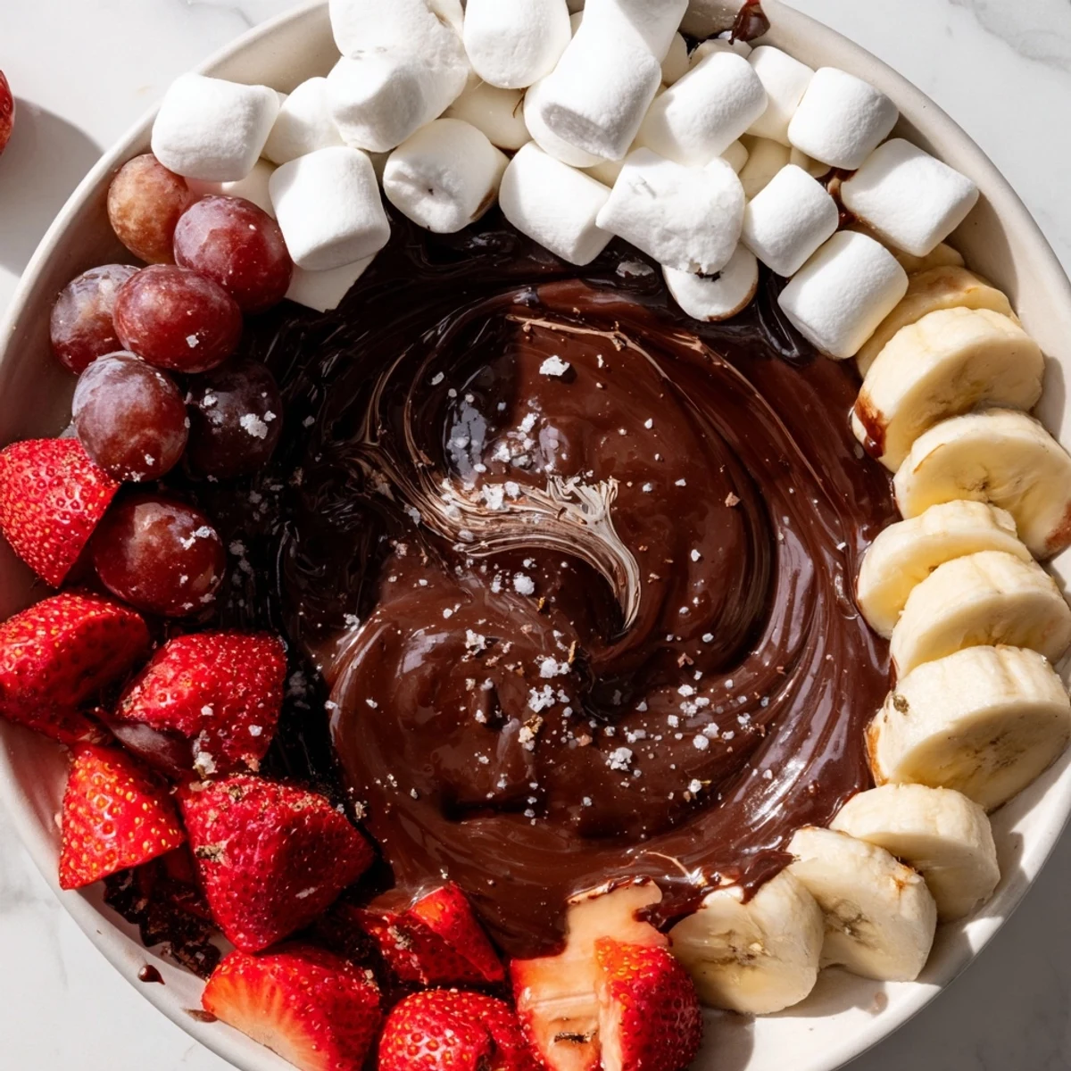 Creamy chocolate fondue with marshmallows and fresh strawberries in a cozy romantic dessert setting.