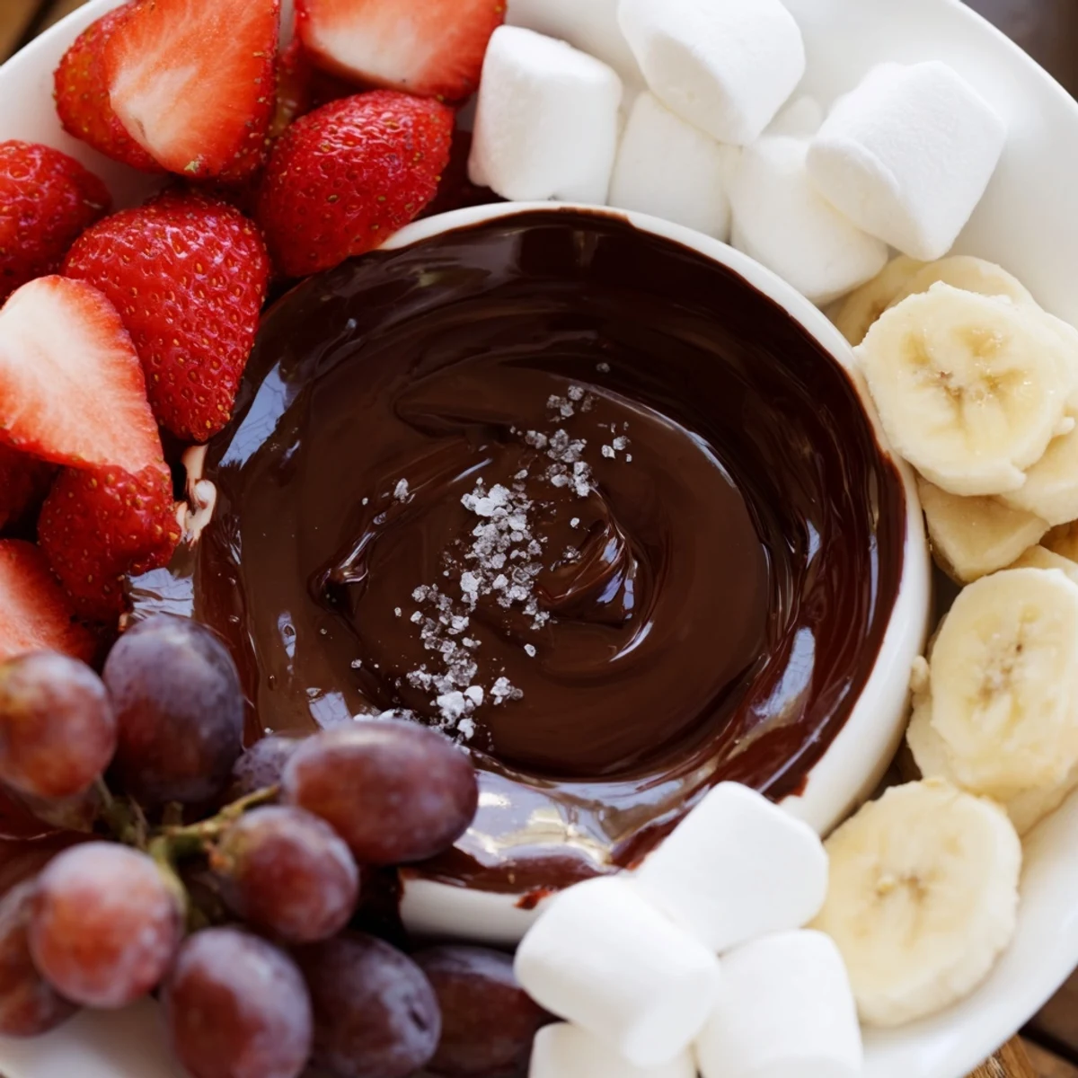 Glossy chocolate fondue bubbling in a fondue pot surrounded by fresh fruit and marshmallows for sharing.