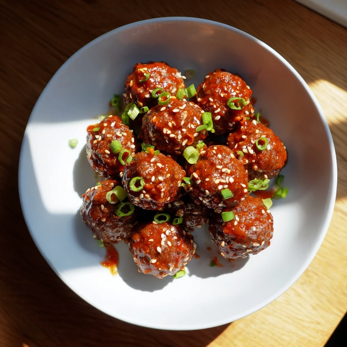 Golden-brown Spicy Sriracha Beef Meatballs with Sesame Seeds glistening in a sweet glaze on a white platter.