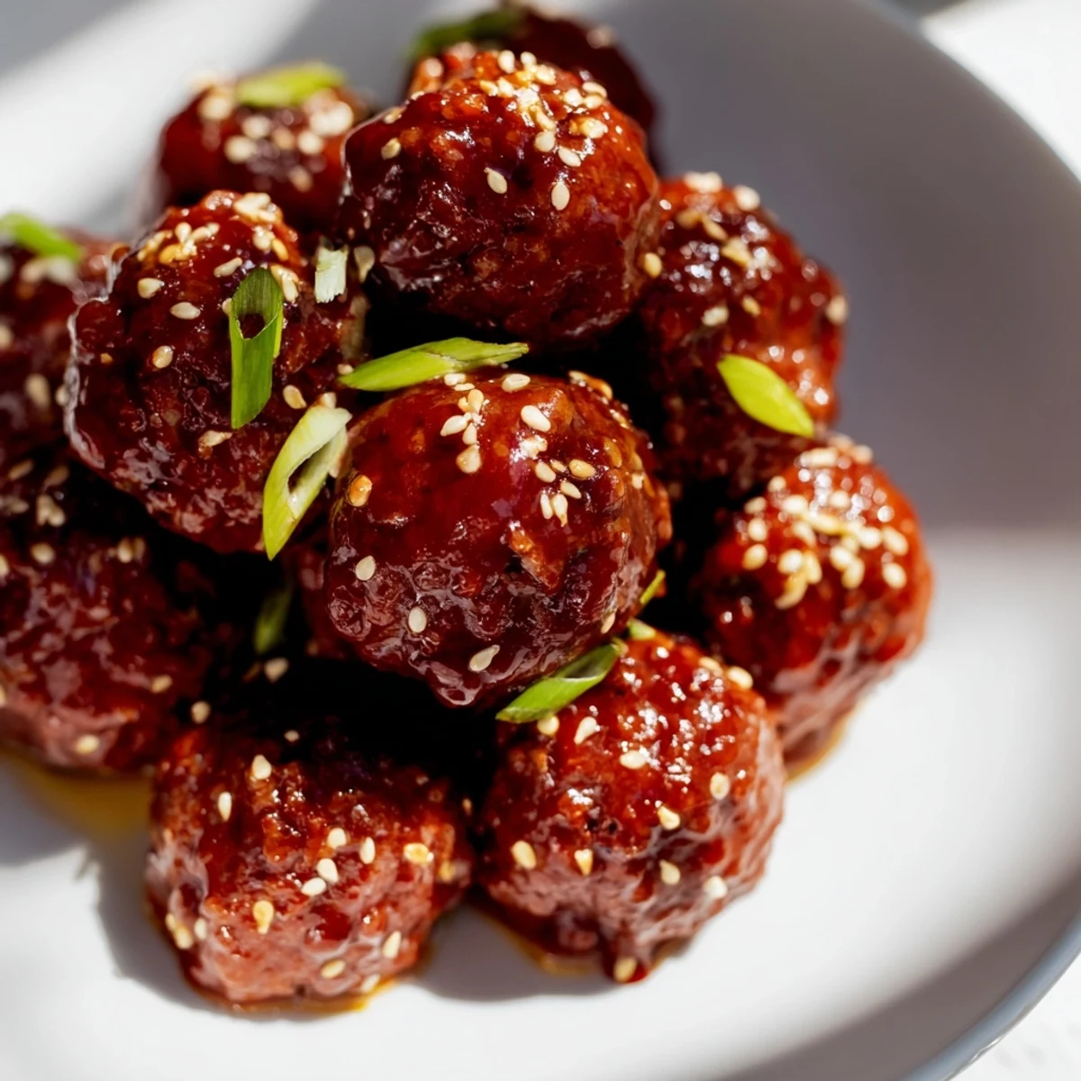 Savory Spicy Sriracha Beef Meatballs with Sesame Seeds served over steamed rice with fresh green onions.